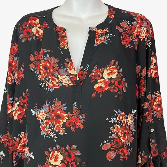 DANIEL RAINN Black Red Floral V-Neck Long Sleeve Oversized Loose Fit sz L Large - Picture 2 of 16